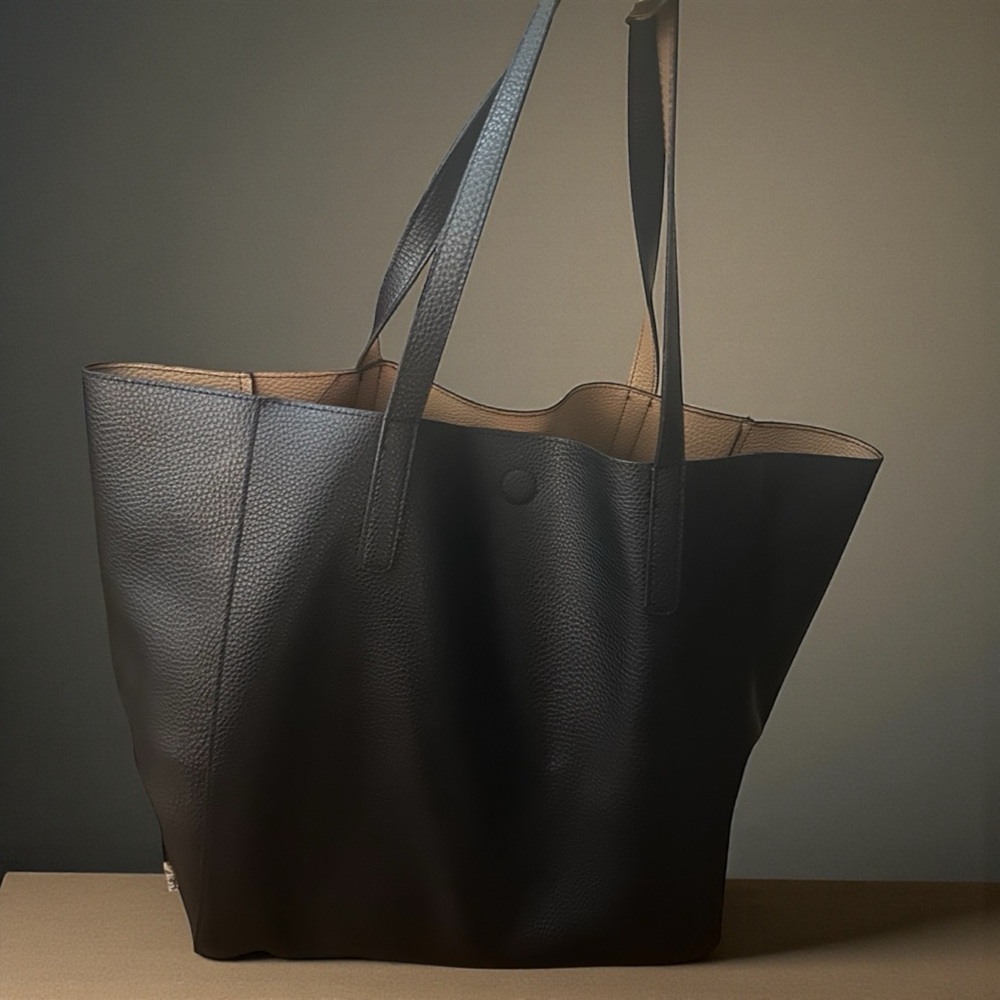 Everyday Black Leather Tote with Contrast Interior